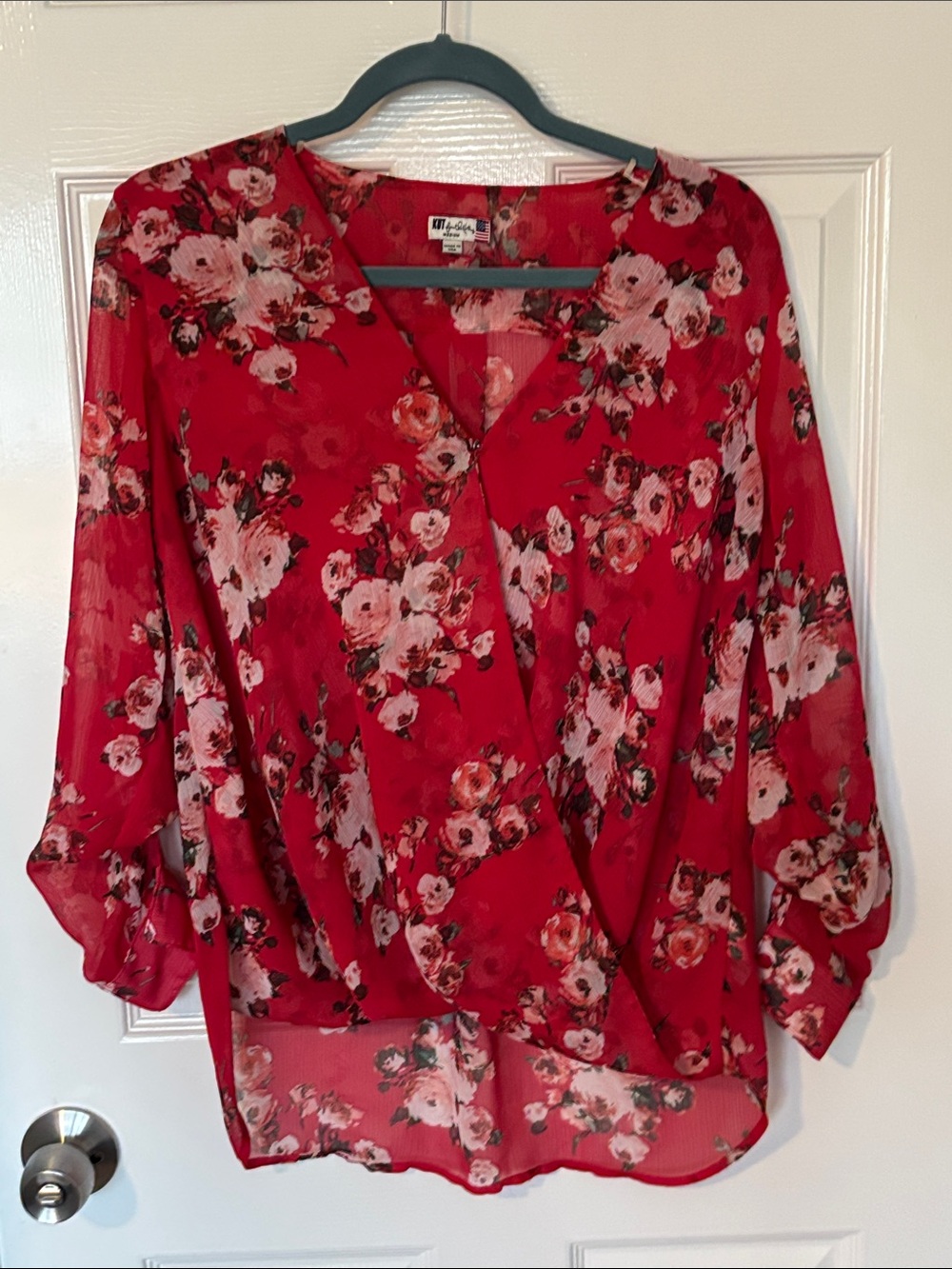 258. Kut from the Kloth Floral Red Wrap Blouse - Medium, Oversized Fit